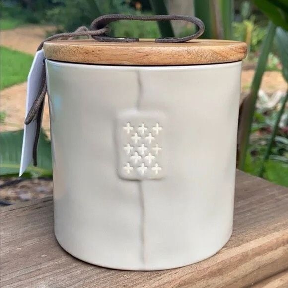 NWT Rae Dunn Beige “HOLD” Ceramic Canister Cellar with wood lid & leather handle - Picture 10 of 11